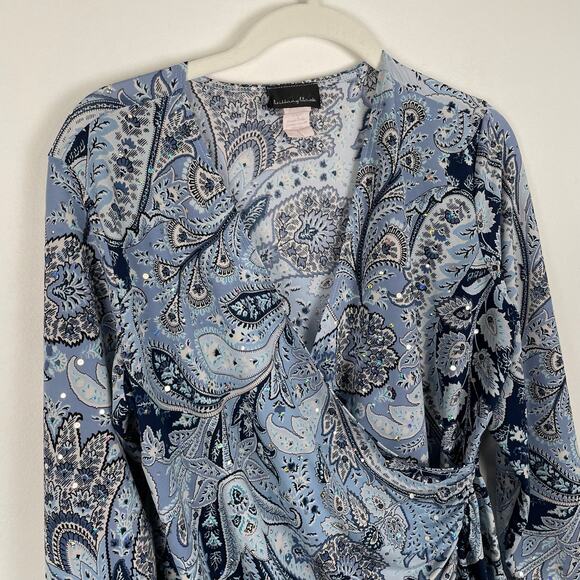 y2k Brittany Black Bedazzled Paisley Wrap Top Size L Blue Hippie Retro Stretchy - Picture 9 of 12